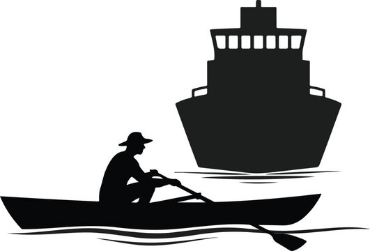 Rowboat with single sailor silhouette illustration depicting lonely journey isolated on white background with minimal artistic design
