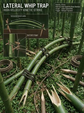 Detailed illustration of a Lateral Whip Trap, a high-velocity kinetic strike device made from green bamboo. 