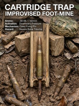 An improvised foot-mine, or cartridge trap, crafted from a .30-06 / 7.62mm rifle cartridge, designed for downward pressure activation causing severe bone trauma.