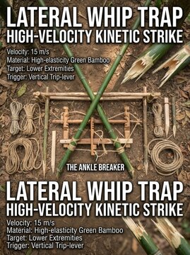 Detailed close-up of a primitive lateral whip trap, also known as 'The Ankle Breaker,' designed for high-velocity kinetic strike. Constructed from green bamboo and natural ropes, 