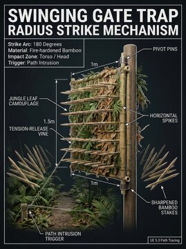 Blueprint of a swinging gate trap. Details fire-hardened bamboo spikes, jungle camouflage, pivot pins, and a path intrusion trigger. Ideal for survival, game assets, and tactical concepts.