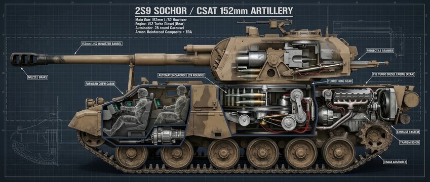 Detailed cutaway diagram showcasing the internal components and specifications of the 2S9 Sochor / CSAT 152mm self-propelled artillery howitzer on a blueprint background.