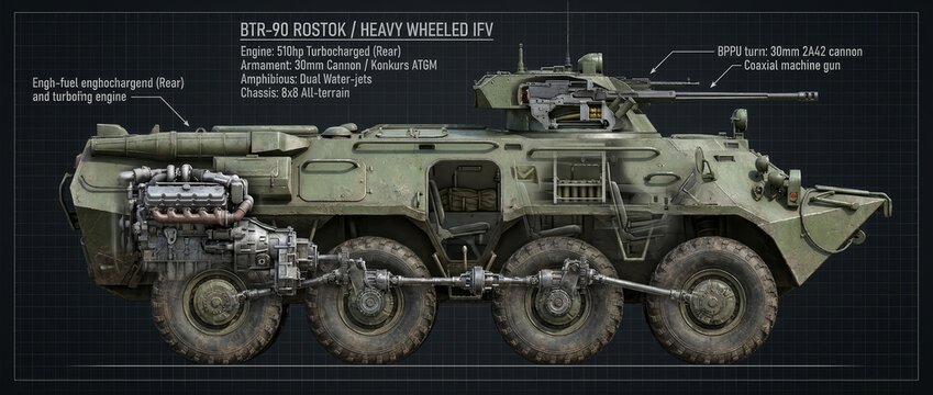 Detailed technical diagram of the BTR-90 Rostok Heavy Wheeled IFV, showcasing its 8x8 chassis, 510hp turbocharged engine, 30mm cannon, and amphibious capabilities.