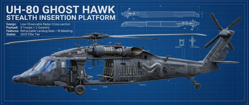 Detailed blueprint of the fictional UH-80 Ghost Hawk stealth insertion helicopter. Showcases low-observable design, troop transport, and advanced military technology.