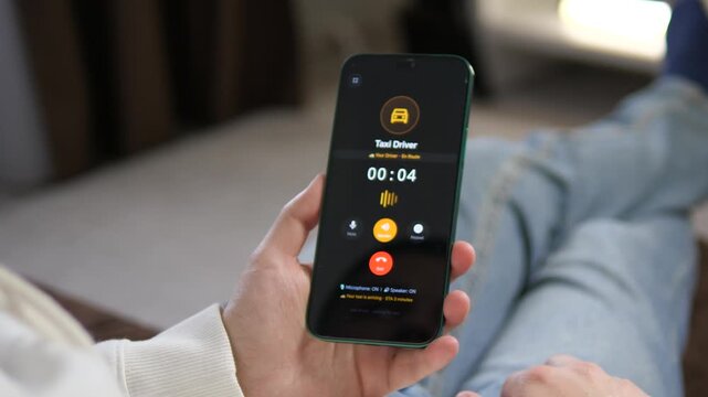 Receiving an incoming call from a Taxi Driver on a smartphone. The screen displays a yellow car icon with answer and decline buttons. Perfect for ride-sharing apps, urban mobility, and logistics