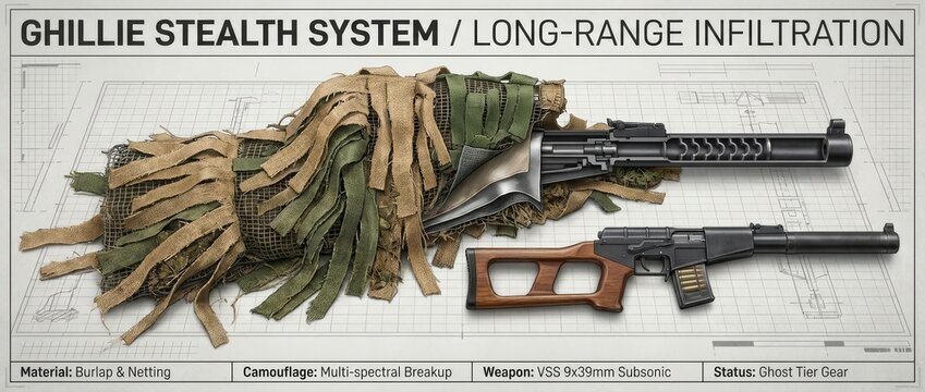 Detailed blueprint of a Ghillie Stealth System with multi-spectral camouflage and a VSS 9x39mm Subsonic rifle for long-range infiltration operations. Ghost tier gear.