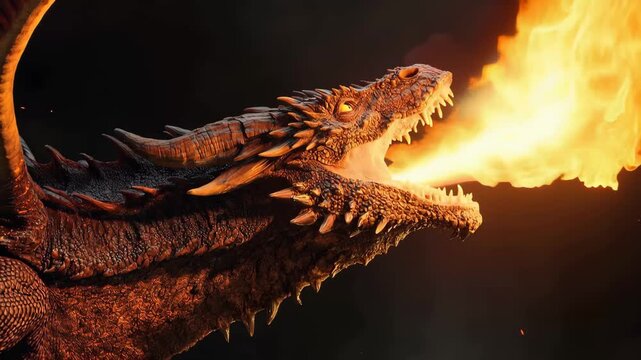 Dragon breathing fire in cinematic motion with dramatic lighting and smoke effects