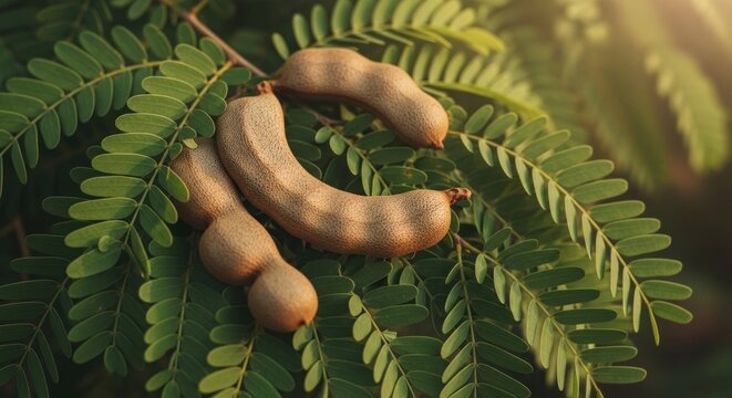 Tamarind pods and leaves in natural sunlight setting.