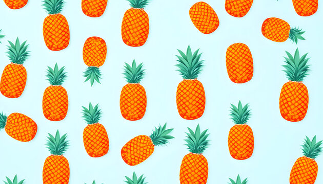 Colorful pattern of pineapples on pastel blue background. Top view. Minimal tropical fruit summer concept, silhouette. White tone