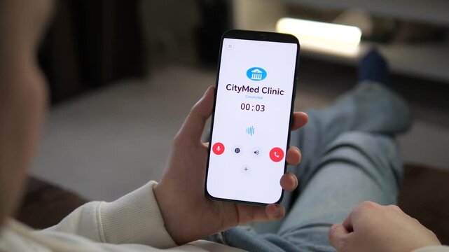 a successful call connection to a private medical center. The interface shows a timer and active call status with audio wave. Ideal for illustrating healthcare accessibility, patient communication
