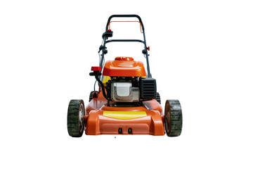 Obraz premium Isolated orange powerful gasoline engine lawnmower for professional garden and yard care