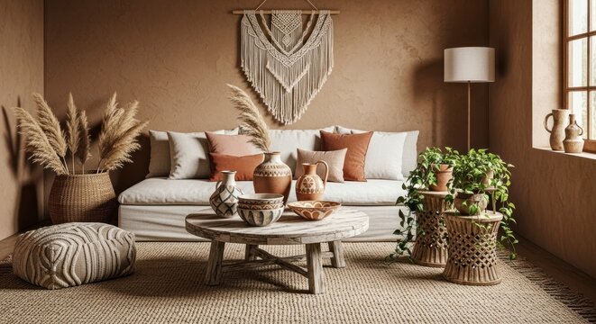 Sala de estar aconchegante com elementos decorativos e materiais naturais.