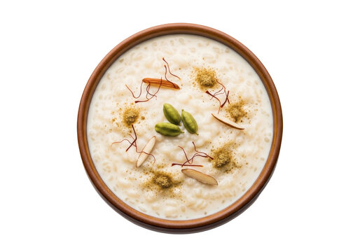 Bowl of sweet rice pudding or kheer garnished with saffron, cardamom, and almonds isolated on transparent background