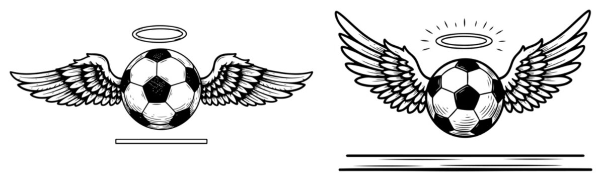 Soccer ball with angel wings and halo in vintage engraving style