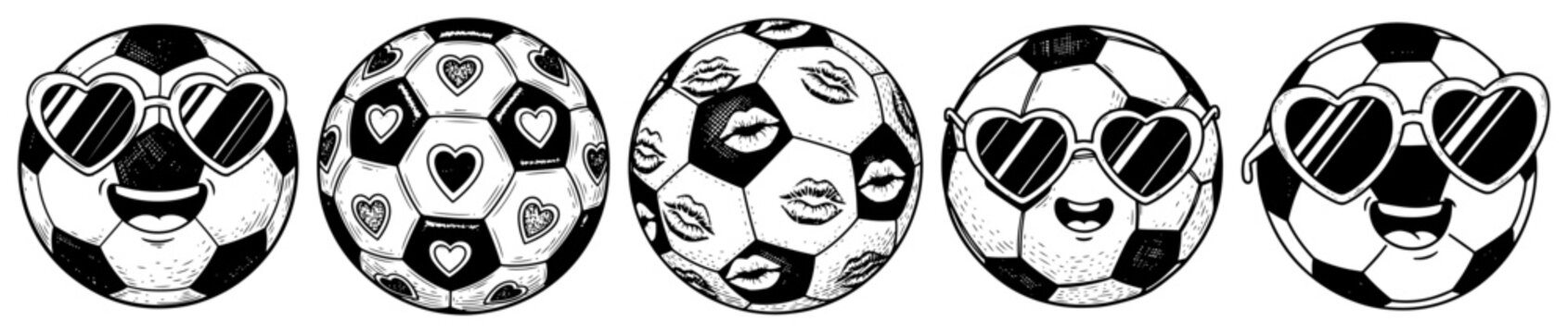 Soccer ball characters with sunglasses hearts and kiss marks in vintage engraving style