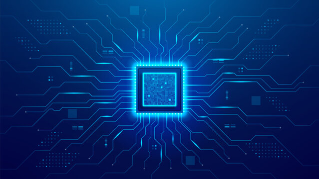 Futuristic digital circuit board with CPU. Glowing semiconductor chip on motherboard with circuit lines. Central processor unit concept. Futuristic tech visual.