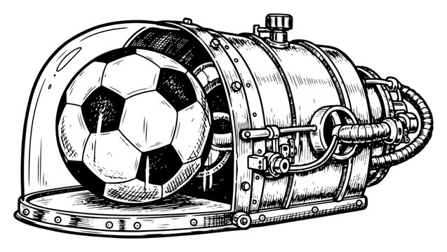 Soccer ball inside futuristic steampunk machine testing chamber in vintage engraving style