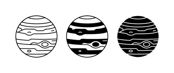 Three stylized vector illustrations of Jupiter, representing different graphic styles: outline, filled black and white, and solid black. © Arifuz