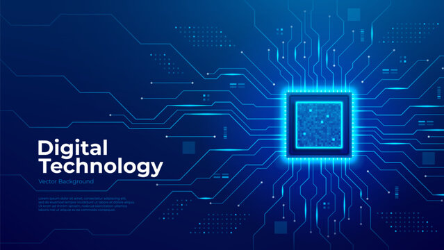 Futuristic digital background with CPU. Glowing semiconductor chip on motherboard with circuit lines. Central processor unit concept. Futuristic tech visual.