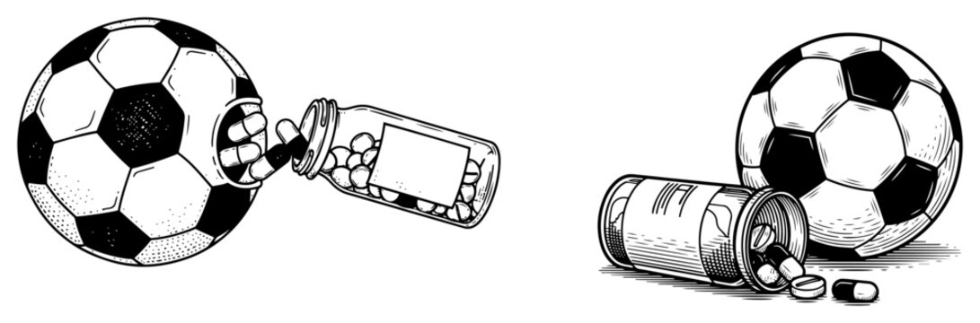 Soccer ball consuming pills from medicine bottle in vintage engraved style
