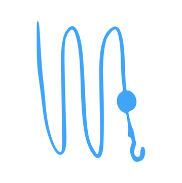 Fishing line doodle hand drawn, wavy fishhook sinker string sketch, ink vector angled hook gear, outdoor lake angling tool, wavy blue cord equipment