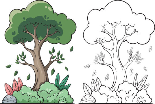 Windy Forest Tree Vector with Falling Leaves and Outline Coloring Page