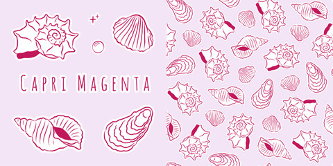 Set of Mediterranean doodle seashells and seamless pattern in vibrant Capri Magenta palette. Chic line art vector, perfect for summer dresses, tablecloths, resort wear, and party decor. © Aikaterini