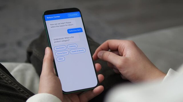 Using a Return Center chatbot to process a product return. The user selects Defective Item and Clothing via chat interface. Perfect for e-commerce, customer support automation, and AI chatbot visuals.