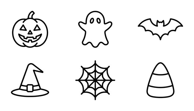 Halloween Icons Set: Spooky Pumpkin, Ghost, Bat, Witch Hat, Spiderweb, Candy Corn Vector Graphics