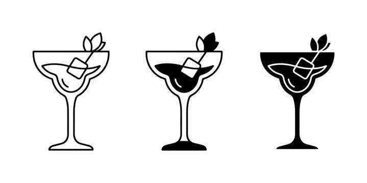 Cocktail Icons Set: Margarita Glass, Ice Cube, Garnish, Line Art, Silhouette, Solid Fill Styles