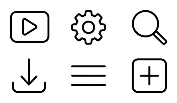 Minimalist UI Icons: Play Button, Settings Gear, Search Magnifier, Download Arrow, Menu Lines, Add Plus Symbol
