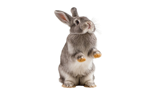 Isolated cute gray domestic bunny rabbit standing on hind legs and looking up curiously