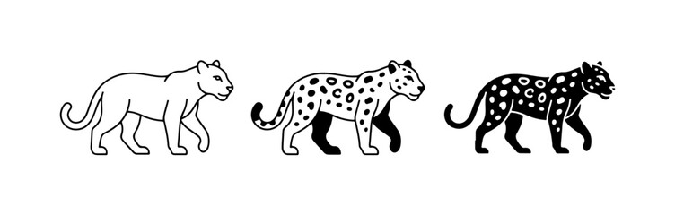 Fototapeta premium Leopard Silhouette Set: Line Art, Spotted, and Black Vector Illustrations of Big Cats in Motion