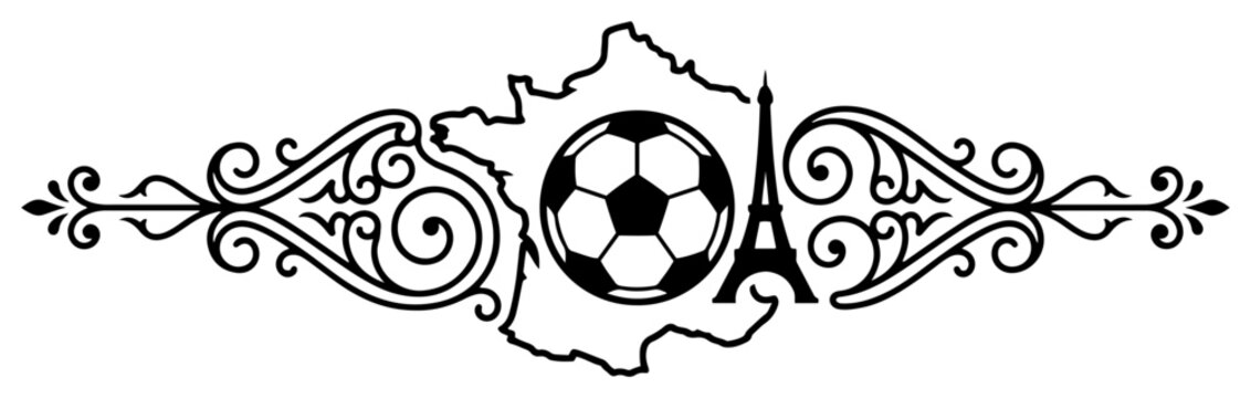 Soccer ball with map of France and Eiffel Tower in ornate scrollwork decorative style