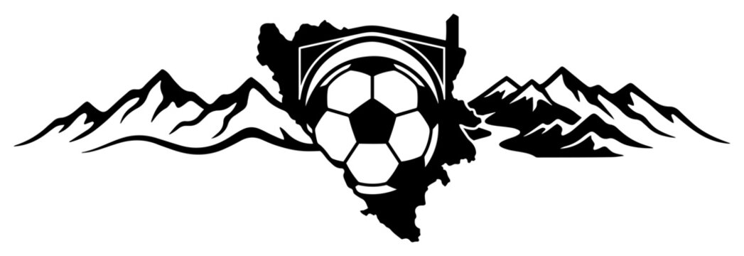 Soccer ball inside Bosnia and Herzegovina map with Mostar bridge and mountains