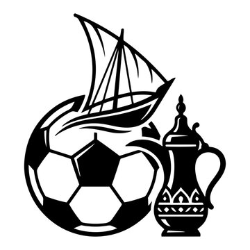 Soccer ball with traditional dhow boat and arabic coffee pot in minimalist graphic style