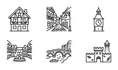 Fototapeta premium European Cityscape Icons: Historic Buildings, Bridges, and Architecture Vector Set