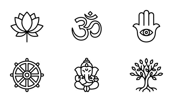Spiritual Symbols Vector Icons: Om, Lotus, Ganesha, Dharma Wheel, Hamsa Hand, Tree of Life