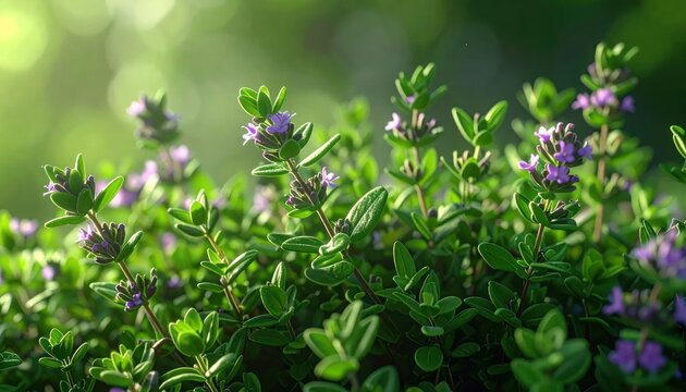 Close-up of Fresh Thyme Herb with Purple Flowers in Soft Sunlight.