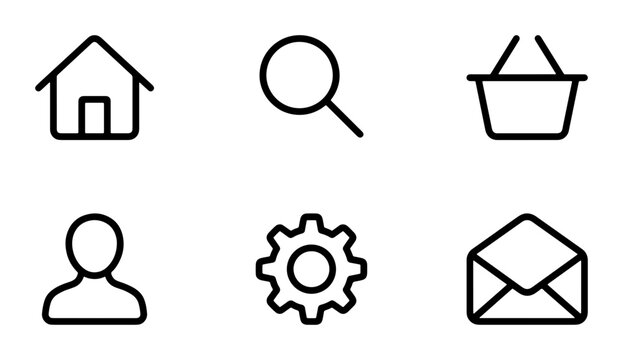 Minimalist line icons set, 6 essential web interface symbols, black outline navigation vector for mobile app and website