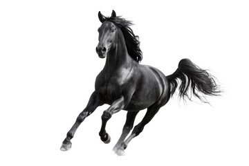 Isolated stunning black horse galloping with flowing mane and tail in dynamic motion © Saoirse