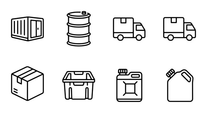 Logistics Icons Set: Shipping Container, Drum, Trucks, Boxes, Crate, Jerrycans, Cargo Transport Vector Graphics