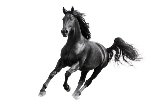 Isolated stunning black horse galloping with flowing mane and tail in dynamic motion