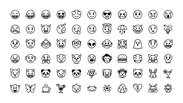 Vector Emoji Icons Set: Expressive Faces, Animals, Objects, and Symbols, 100+ Diverse Emoticons for Digital Communication