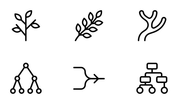 Minimalist branching icons set, 6 black line vector elements, organic plant stems and digital hierarchy tree diagrams