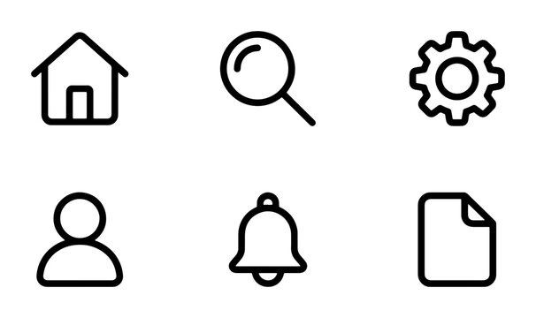 Minimalist UI icon set, 6 black line web icons, modern interface navigation symbols for mobile apps and website design