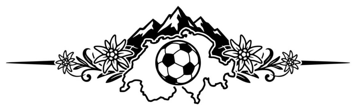 Switzerland map with soccer ball mountains and edelweiss flowers in ornamental style