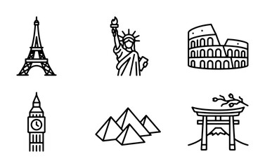 Fototapeta premium Minimalist world landmark icons, set of 6 travel destination line vectors, global monument symbols for tourism design