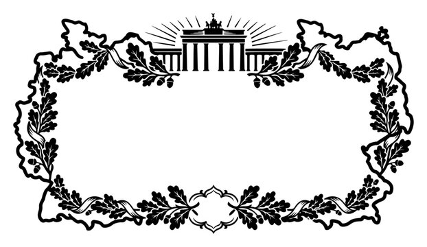 Brandenburg Gate and oak leaf border forming map of Germany in decorative classical style