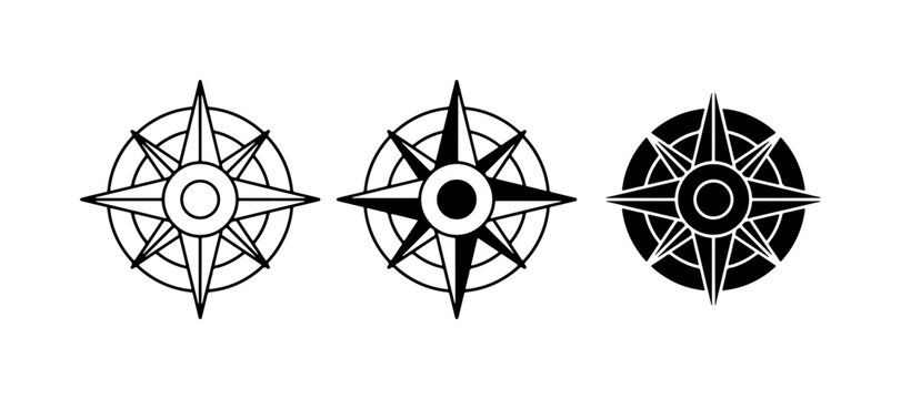 Nautical compass rose vector set, vintage wind rose icons for navigation, black and white map direction symbols